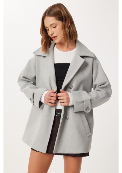 Kruvaze Yaka Kuşaklı Kaşe Kaban LDP0086 Gri modelleri