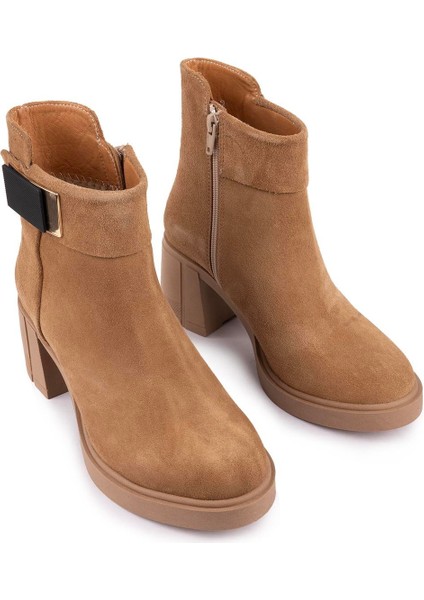 Hakiki Deri Modern Sade Kalın Topuk Bot 15852 Camel Süet