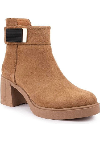 Hakiki Deri Modern Sade Kalın Topuk Bot 15852 Camel Süet modelleri