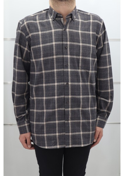 Fistan Store Erkek Kahverengi Ekose Kareli Klasik Kesim Rahat Kalıp Tek Cepli Kışlık Kaşmir Gömlek