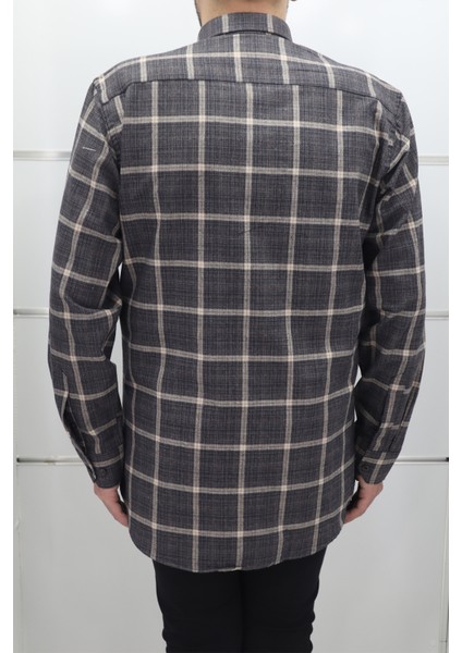 Fistan Store Erkek Kahverengi Ekose Kareli Klasik Kesim Rahat Kalıp Tek Cepli Kışlık Kaşmir Gömlek modelleri