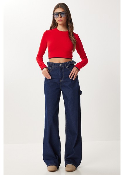 Kemer Detaylı Geniş Paça Jean P0298 LRI0026 Koyu Mavi modelleri