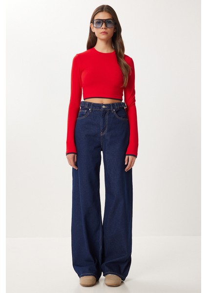 Kemer Detaylı Geniş Paça Jean P0298 LRI0026 Koyu Mavi fırsatları