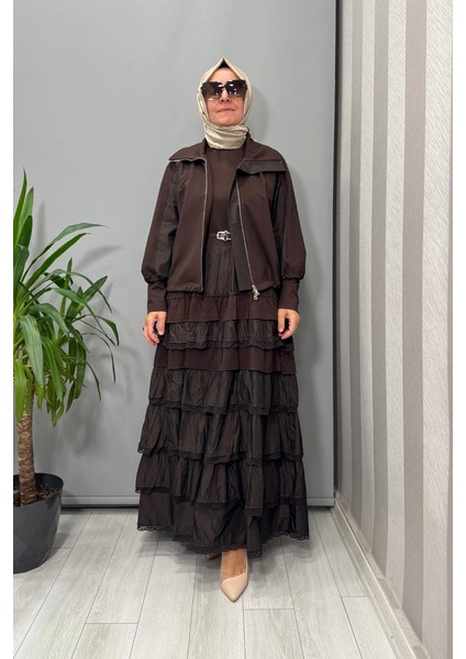 Fırfır Detaylı Ceket Elbise Takım Kahve 38807