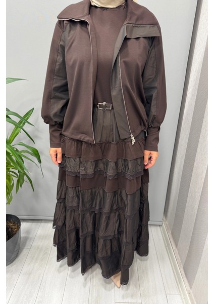 Fırfır Detaylı Ceket Elbise Takım Kahve 38807 modelleri