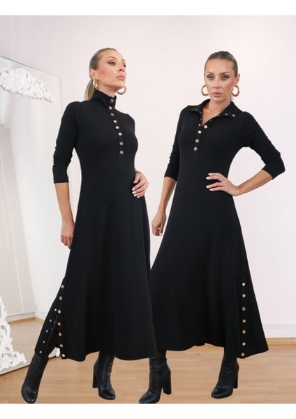 Buketli Kadın Dik Yakası ve Iki Yanı Çıt Çıt Detaylı Çelik Örme Penye Triko Uzun Kollu Uzun Elbise