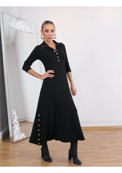 Buketli Kadın Dik Yakası ve Iki Yanı Çıt Çıt Detaylı Çelik Örme Penye Triko Uzun Kollu Uzun Elbise fiyatları