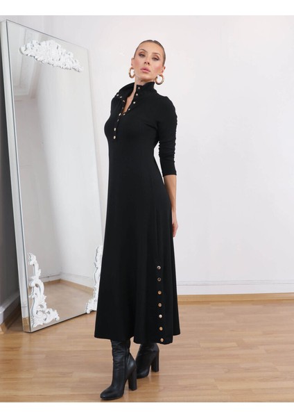 Buketli Kadın Dik Yakası ve Iki Yanı Çıt Çıt Detaylı Çelik Örme Penye Triko Uzun Kollu Uzun Elbise modelleri