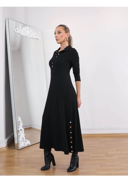 Buketli Kadın Dik Yakası ve Iki Yanı Çıt Çıt Detaylı Çelik Örme Penye Triko Uzun Kollu Uzun Elbise fırsatları