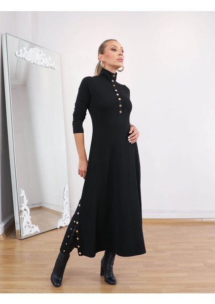 Buketli Kadın Dik Yakası ve Iki Yanı Çıt Çıt Detaylı Çelik Örme Penye Triko Uzun Kollu Uzun Elbise indirimleri