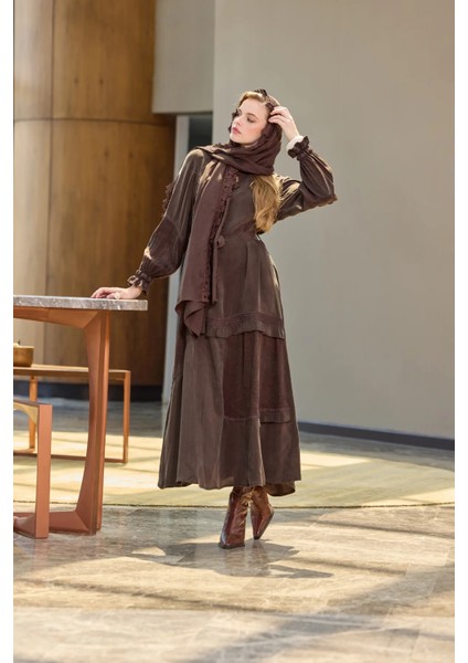 Şal Detaylı Cupro Ipek Elbise Kahve 38818