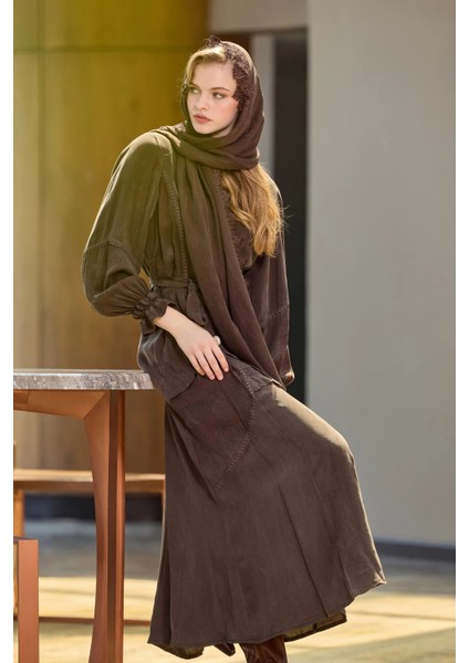 Şal Detaylı Cupro Ipek Elbise Kahve 38818 modelleri