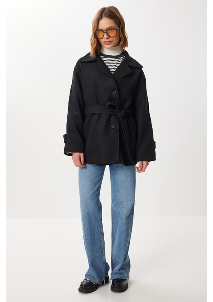 Kruvaze Yaka Kuşaklı Kaşe Kaban LDP0086 Siyah