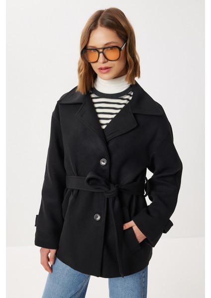 Kruvaze Yaka Kuşaklı Kaşe Kaban LDP0086 Siyah fiyatları