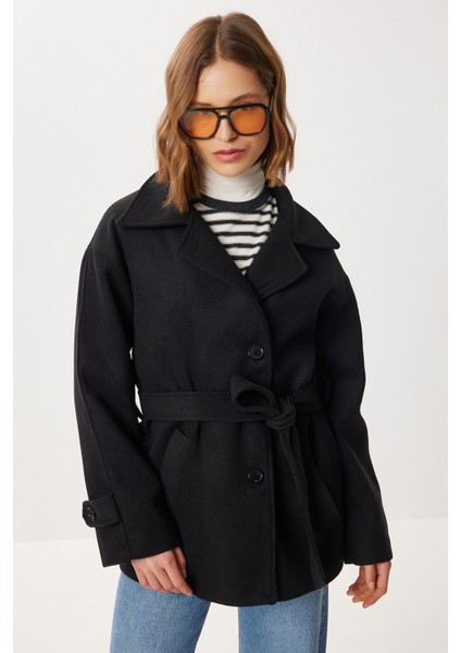 Kruvaze Yaka Kuşaklı Kaşe Kaban LDP0086 Siyah modelleri