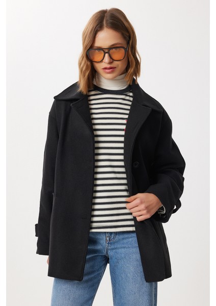 Kruvaze Yaka Kuşaklı Kaşe Kaban LDP0086 Siyah fırsatları