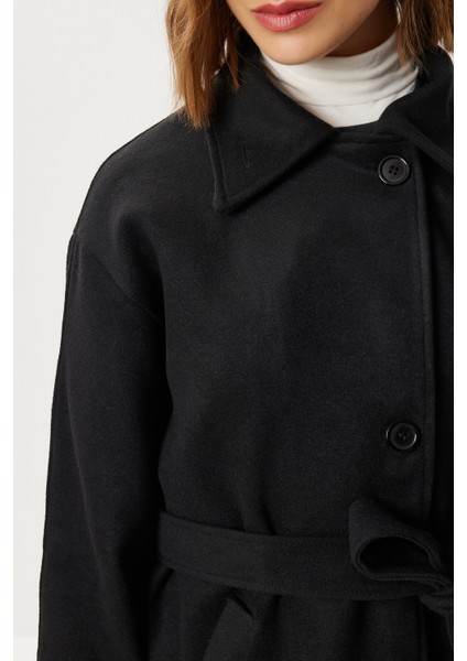 Kruvaze Yaka Kuşaklı Kaşe Kaban LDP0086 Siyah indirimleri