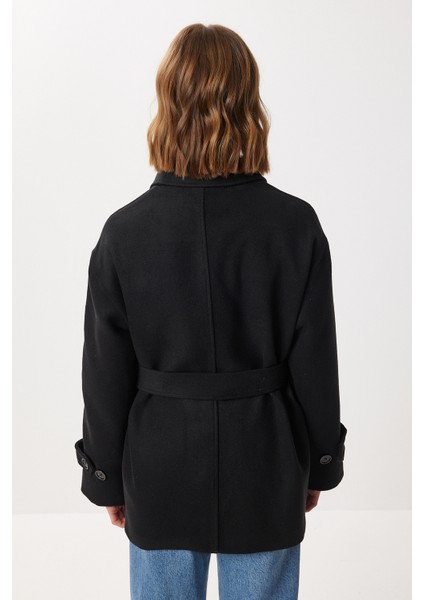 Kruvaze Yaka Kuşaklı Kaşe Kaban LDP0086 Siyah