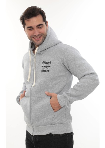 Erkek Açık Gri Standart Fit Normal Kesim Içi Polarlı Tam Fermuarlı Kapüşonlu Pamuklu Sweatshirt