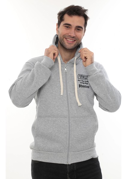 Erkek Açık Gri Standart Fit Normal Kesim Içi Polarlı Tam Fermuarlı Kapüşonlu Pamuklu Sweatshirt modelleri