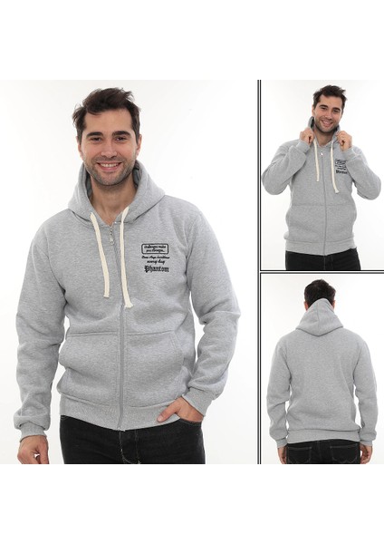 Erkek Açık Gri Standart Fit Normal Kesim Içi Polarlı Tam Fermuarlı Kapüşonlu Pamuklu Sweatshirt indirimleri