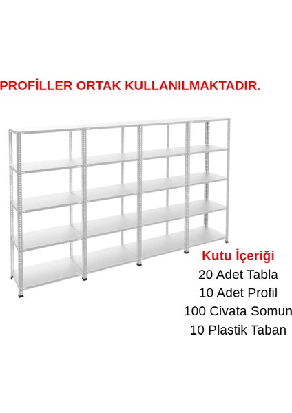 5 Katlı 4'lü Galvaniz Çelik Raf - Depo, Arşiv, Kiler, Dosya, Market Rafı 31X93 CM-200 Cm-1.50 mm