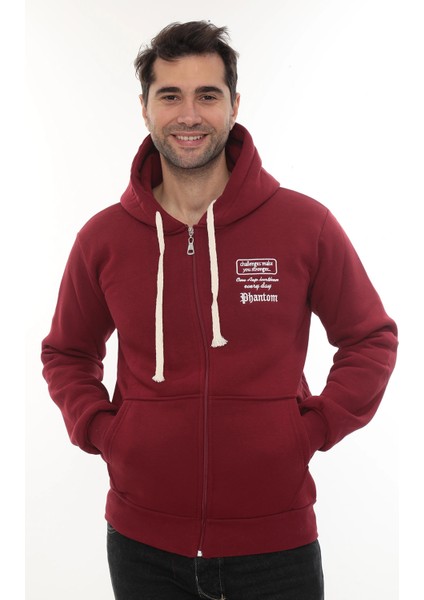 Erkek Bordo Standart Fit Normal Kesim Içi Polarlı Tam Fermuarlı Kapüşonlu Pamuklu Sweatshirt