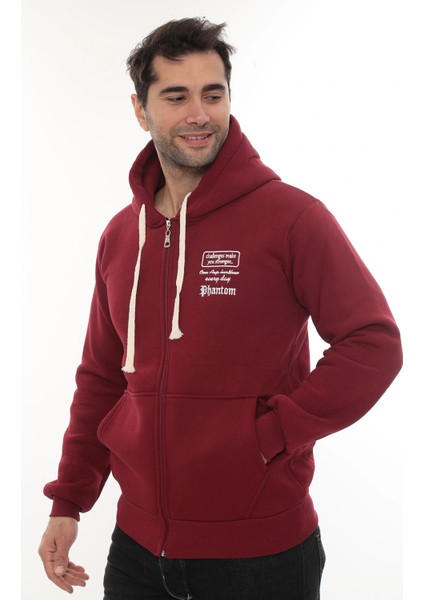 Erkek Bordo Standart Fit Normal Kesim Içi Polarlı Tam Fermuarlı Kapüşonlu Pamuklu Sweatshirt fiyatları