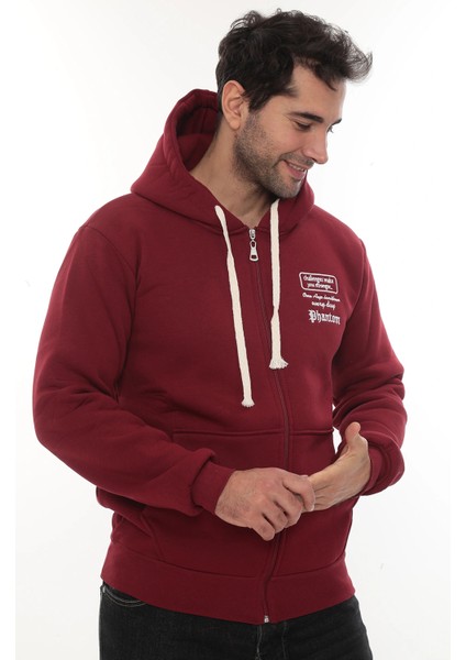 Erkek Bordo Standart Fit Normal Kesim Içi Polarlı Tam Fermuarlı Kapüşonlu Pamuklu Sweatshirt modelleri