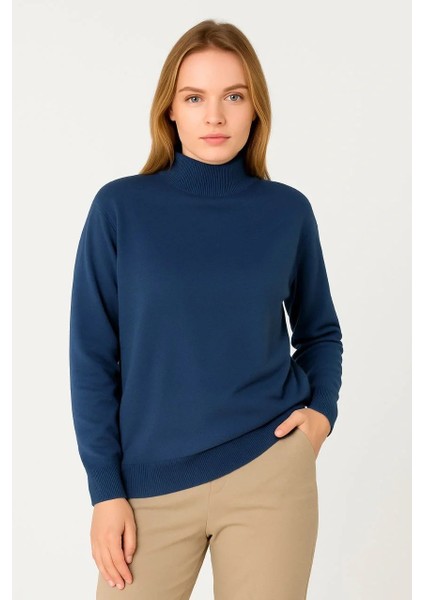 Kadın Yarım Boğaz Triko Kazak Yumuşak Dokulu Pamuklu Ince Dokuma, Uzun Kollu Rahat Regular Kalıp - Indigo