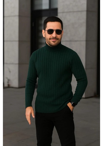 Erkek Fitilli Triko Kazak 3'lü Set Bej Haki Siyah Regular Balıkcı Yaka Tam Boğazlı Triko Seti Modeli Kazak modelleri