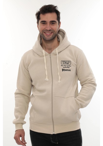 Erkek Bej Standart Fit Normal Kesim Içi Polarlı Tam Fermuarlı Kapüşonlu Pamuklu Sweatshirt
