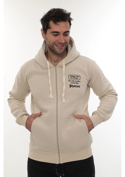 Erkek Bej Standart Fit Normal Kesim Içi Polarlı Tam Fermuarlı Kapüşonlu Pamuklu Sweatshirt fiyatları
