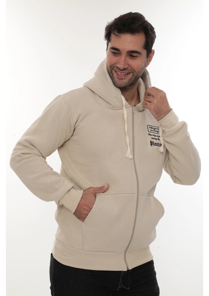 Erkek Bej Standart Fit Normal Kesim Içi Polarlı Tam Fermuarlı Kapüşonlu Pamuklu Sweatshirt modelleri
