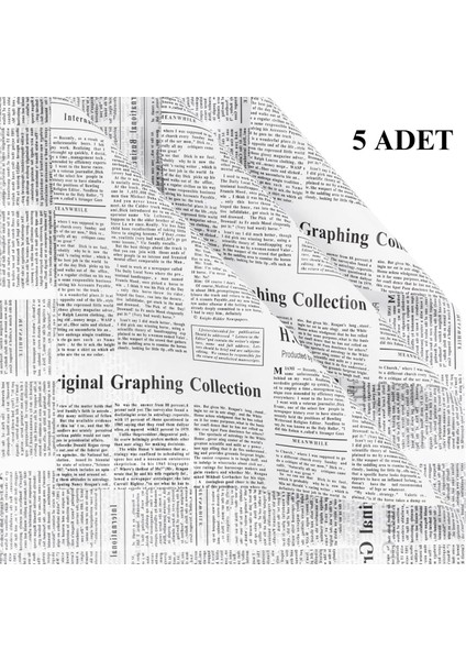 Gazete Desenli Çiçek Ambalaj Kağıdı 5li, Çift Baskı Mat Opp Hediye Buket Kağıdı, Beyaz, 58X58 cm