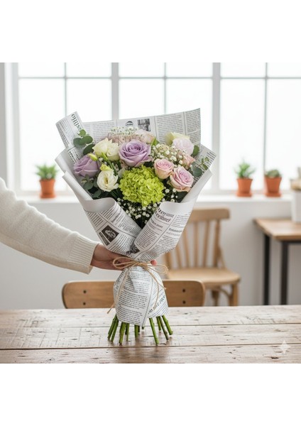 Gazete Desenli Çiçek Ambalaj Kağıdı 5li, Çift Baskı Mat Opp Hediye Buket Kağıdı, Beyaz, 58X58 cm fiyatları