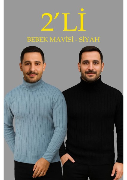 Erkek Fitilli Triko Kazak 2'li Set Bebek Mavisi Siyah Regular Balıkcı Yaka Tam Boğazlı Triko Seti Modeli Kazak