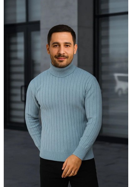 Erkek Fitilli Triko Kazak 2'li Set Bebek Mavisi Siyah Regular Balıkcı Yaka Tam Boğazlı Triko Seti Modeli Kazak fiyatları