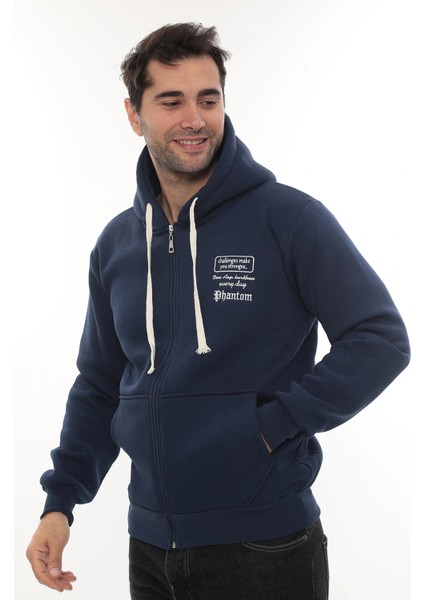 Erkek Mavi Standart Fit Normal Kesim Içi Polarlı Tam Fermuarlı Kapüşonlu Pamuklu Sweatshirt