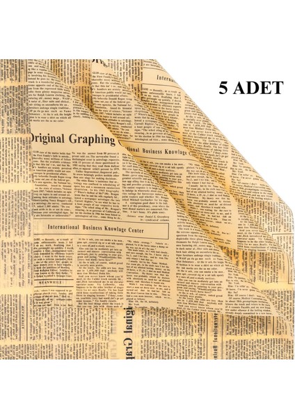 Gazete Desenli Çiçek Ambalaj Kağıdı 5li, Çift Baskı Mat Opp Hediye Buket Kağıdı, Kraft, 58X58 cm