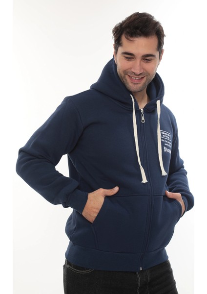 Erkek Mavi Standart Fit Normal Kesim Içi Polarlı Tam Fermuarlı Kapüşonlu Pamuklu Sweatshirt fiyatları