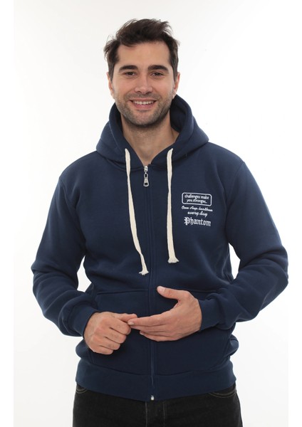 Erkek Mavi Standart Fit Normal Kesim Içi Polarlı Tam Fermuarlı Kapüşonlu Pamuklu Sweatshirt modelleri