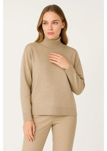 Kadın Yarım Boğaz Triko Kazak Yumuşak Dokulu Pamuklu Ince Dokuma, Uzun Kollu Rahat Regular Kalıp - Bej fiyatları