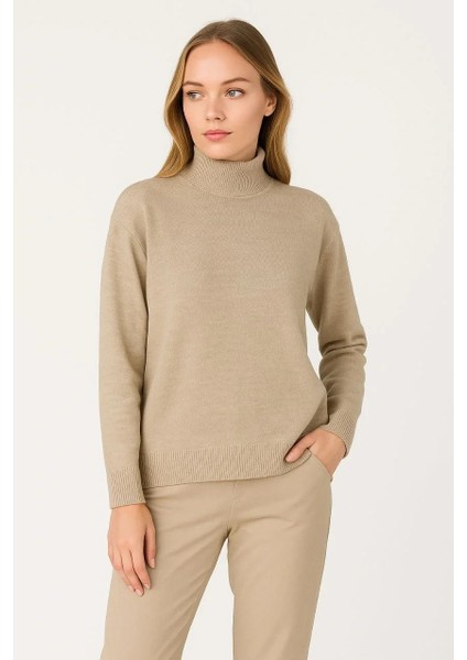 Kadın Yarım Boğaz Triko Kazak Yumuşak Dokulu Pamuklu Ince Dokuma, Uzun Kollu Rahat Regular Kalıp - Bej fırsatları