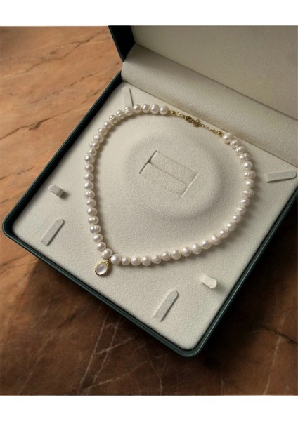 40 cm Sertifikalı Gerçek Doğal Inci Kolye - Çelik Aparat - 8mm