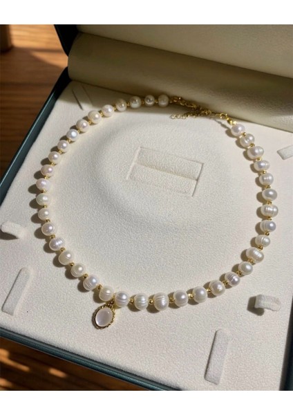 Sertifikalı Gerçek Doğal Beyaz Dorika Detaylı Inci Kolye 35 cm 5 cm Çelik Uzatma Zinciri Sedef Charm