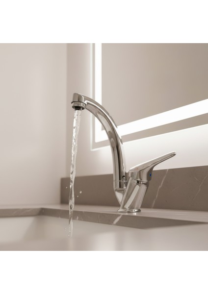 Banora Liza, Krom Kuğu Lavabo Bataryası, Paslanmaz Pirinç Gövde, Su Tasarruflu 360° Döner Musluk