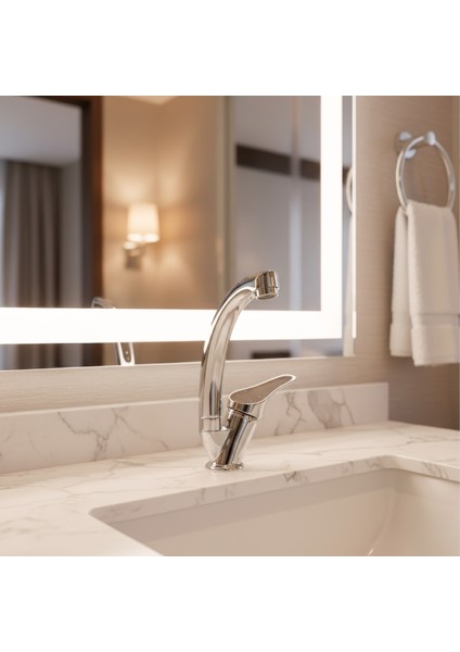 Banora Liza, Krom Kuğu Lavabo Bataryası, Paslanmaz Pirinç Gövde, Su Tasarruflu 360° Döner Musluk