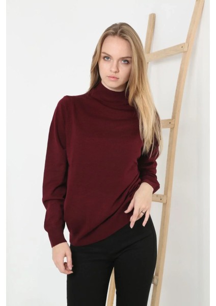 Kadın Yarım Boğaz Triko Kazak Yumuşak Dokulu Pamuklu Ince Dokuma, Uzun Kollu Rahat Regular Kalıp - Bordo