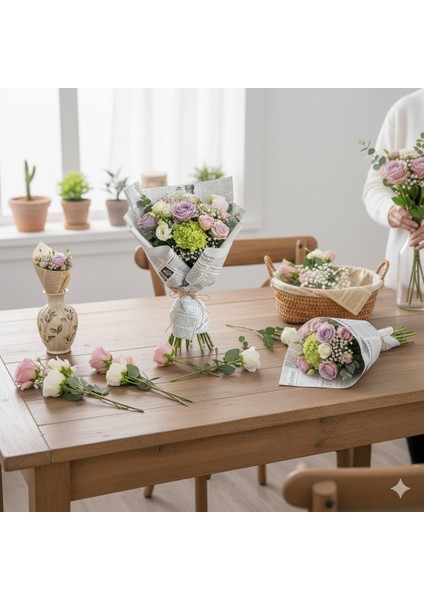 Gazete Desenli Çiçek Ambalaj Kağıdı 20LI, Çift Baskı Mat Opp Hediye Buket Kağıdı, Beyaz, 58X58 cm fırsatları